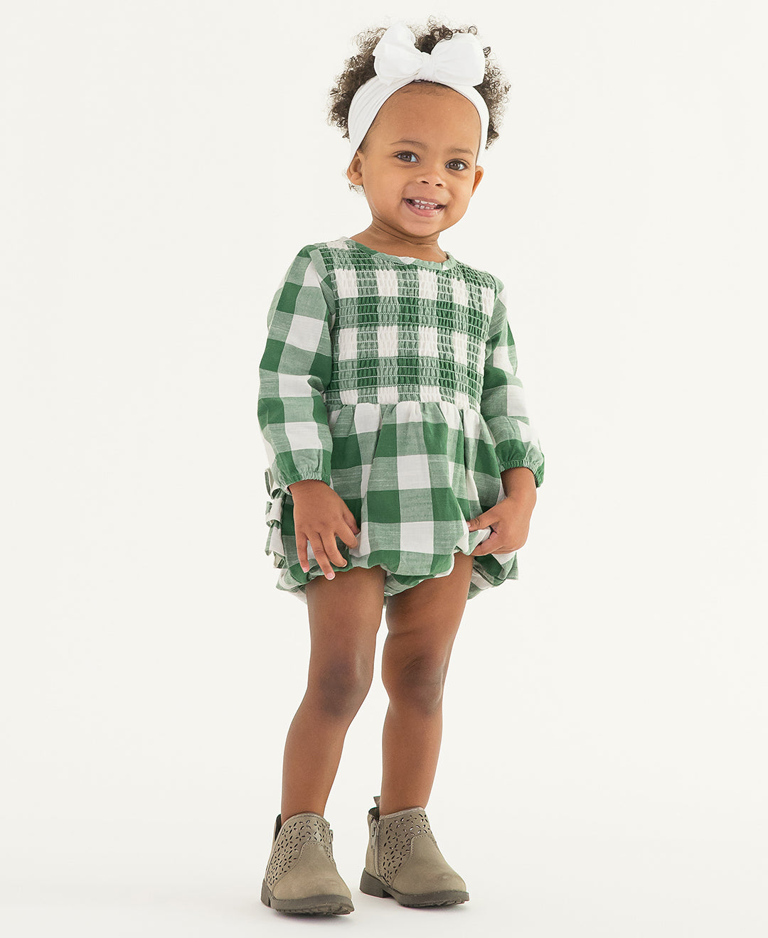 Dark Ivy Plaid Smocked Bubble Romper