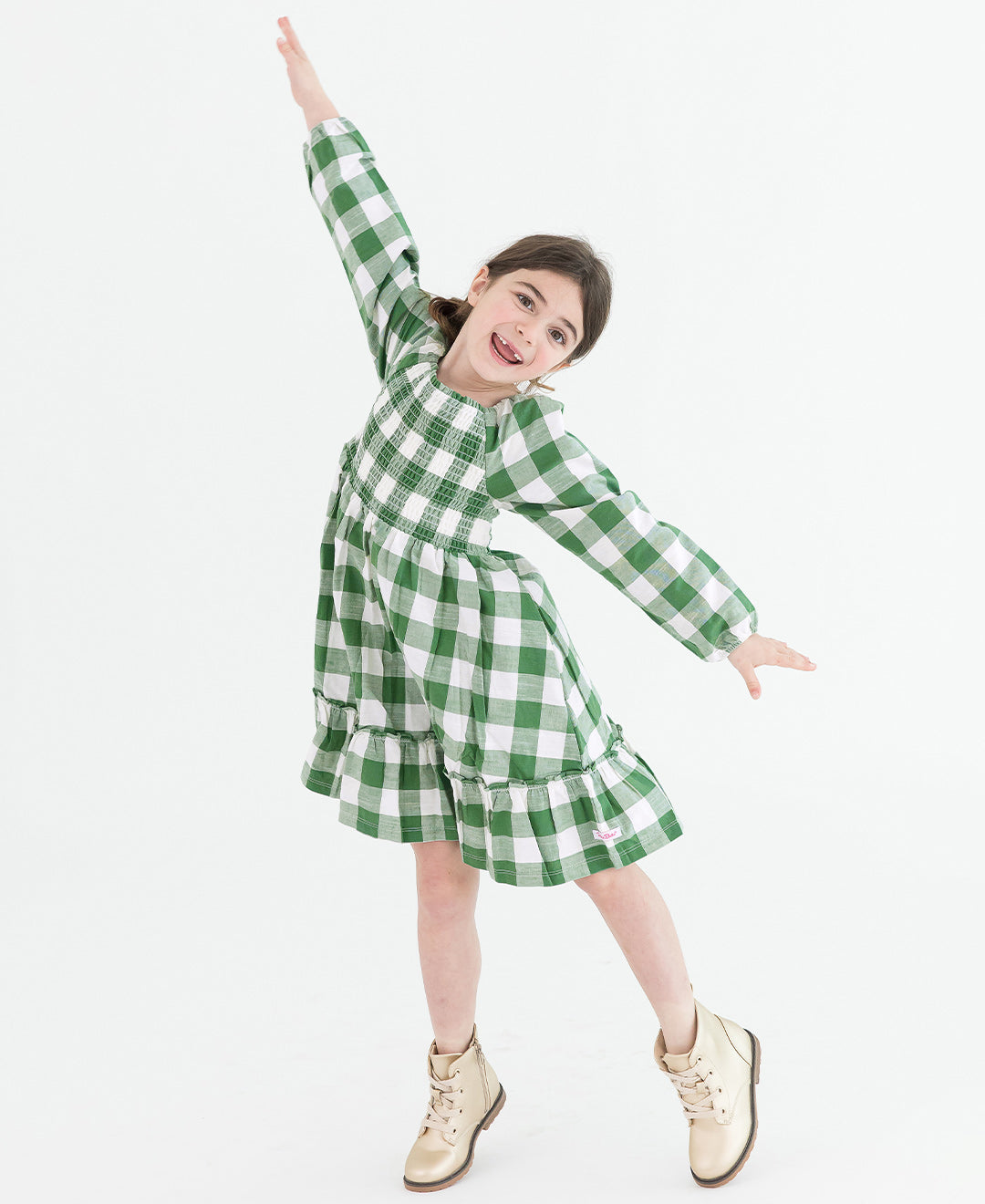 Dark Ivy Plaid Smocked Ruffle Dress