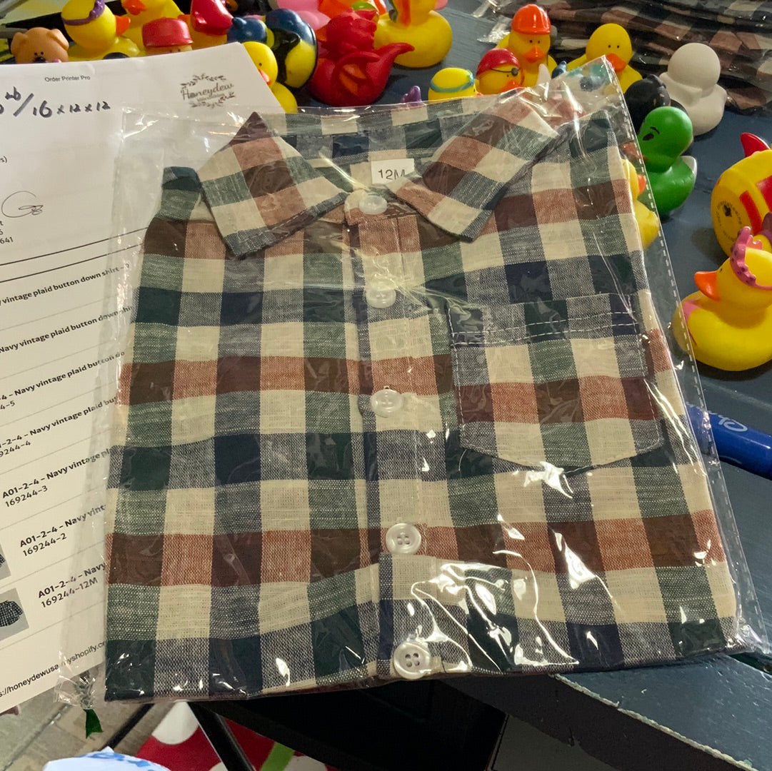 Navy Vintage Plaid Button Down Shirt