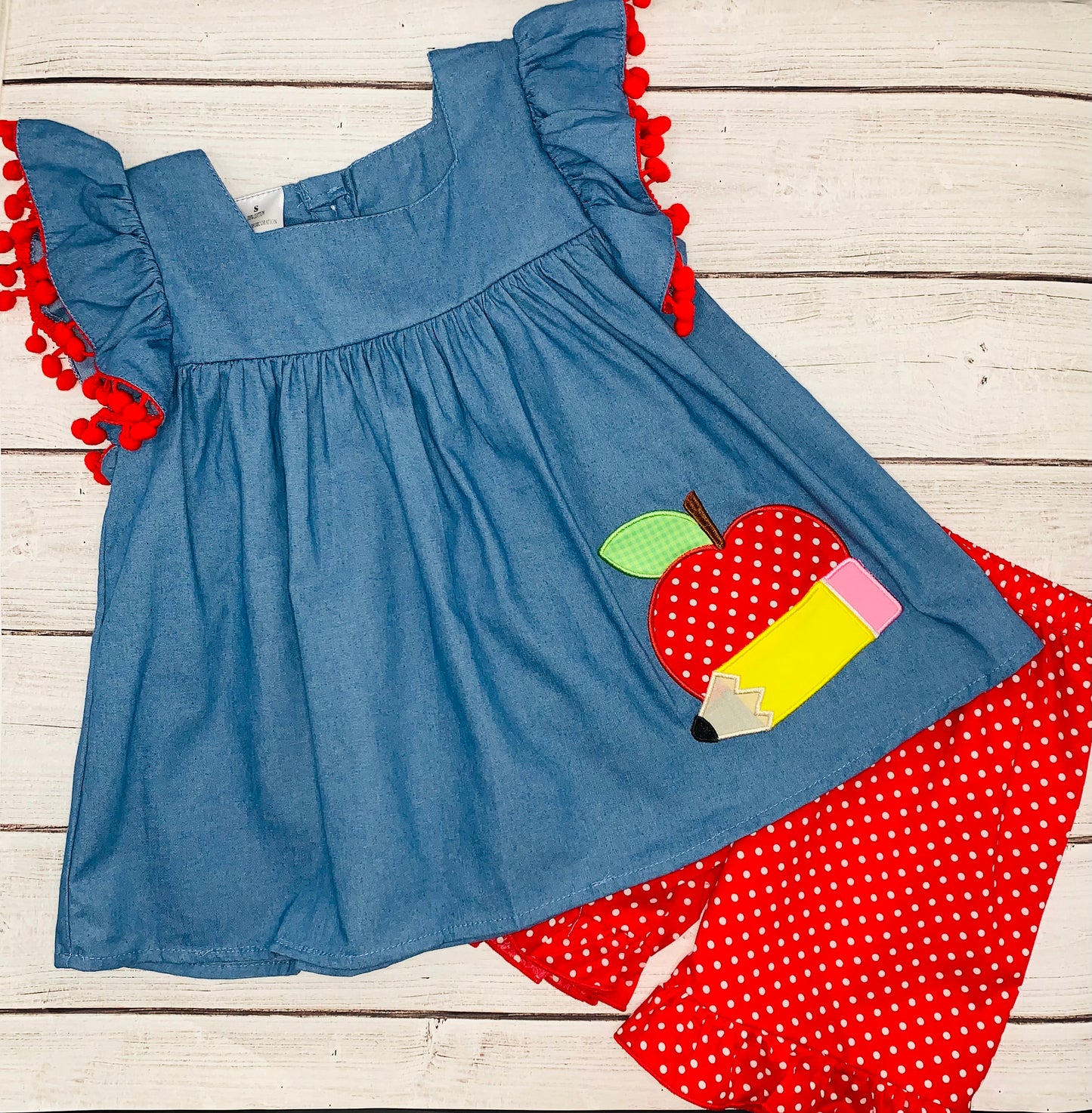 Blue Chambray Apple Top With Polka Dot Shorts