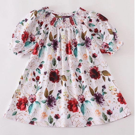 Red Floral Smocked Dress