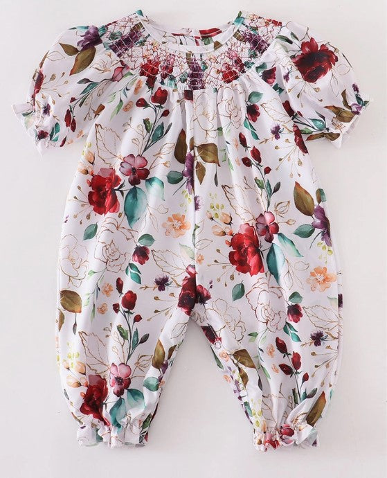 Red Floral Smocked Romper