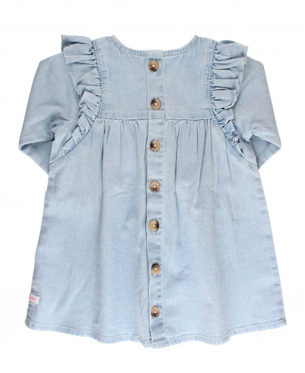 Denim Lightwash Flutter Button Back Dress