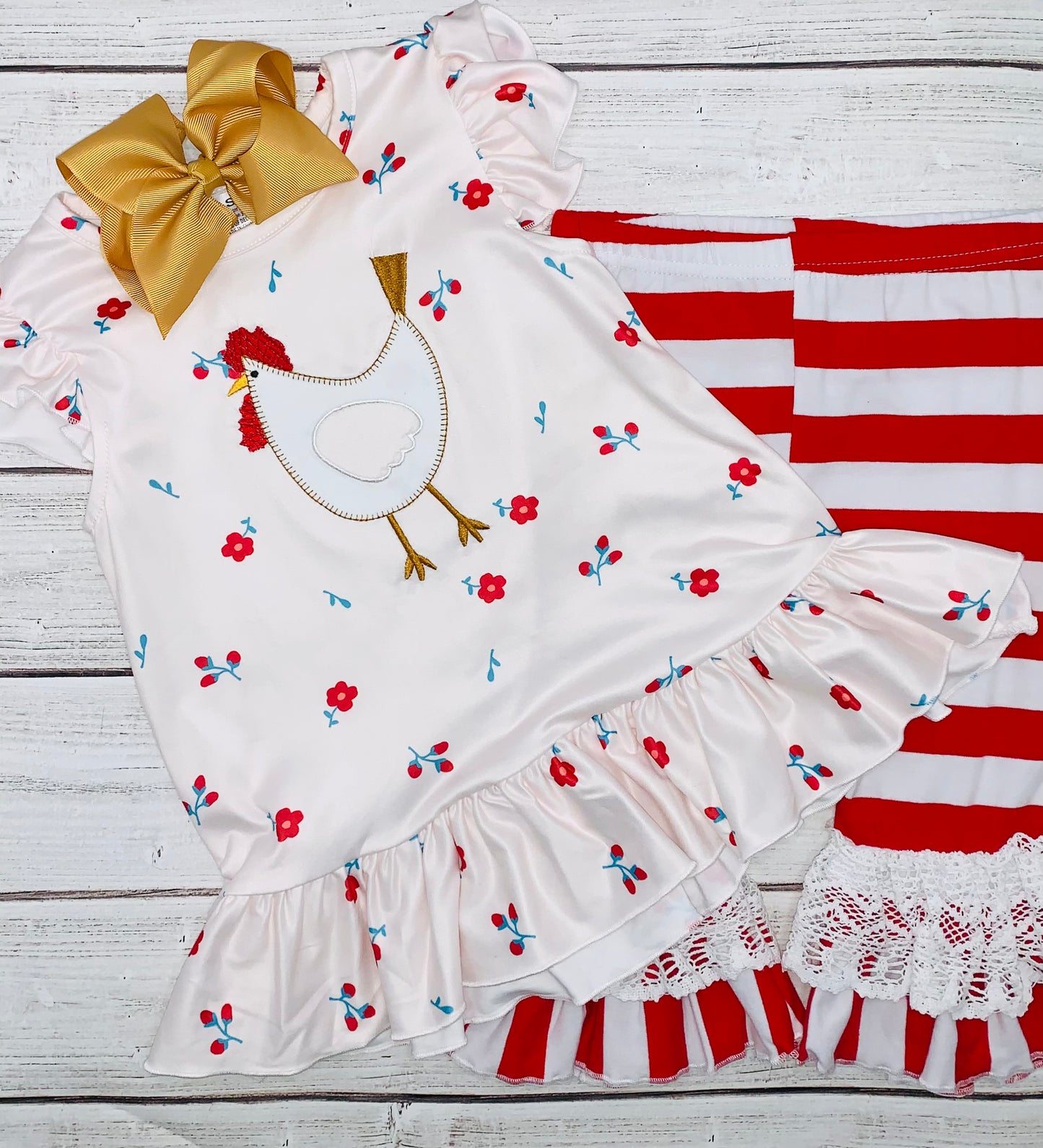 Rooster Tunic & Red Striped Bottoms