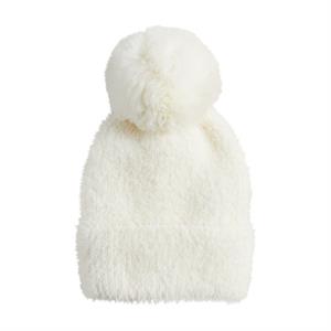 Fuzzy feather yarn hat with faux fur pom