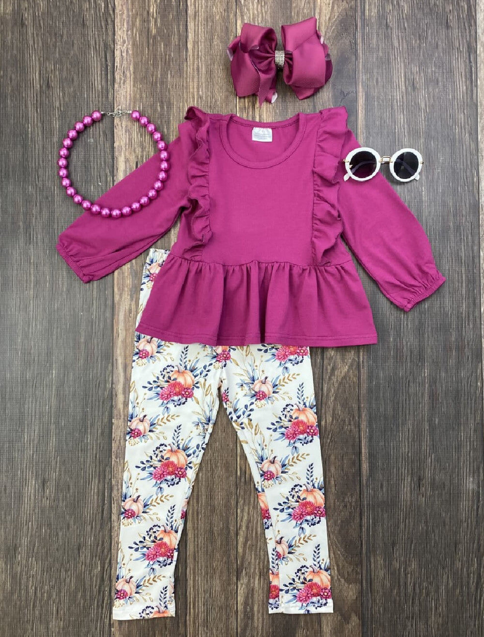 Plum Peplum Ruffle Tunic w/Floral Pumpkin Pants
