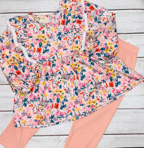 Peachy Spring Floral Ruffle Two Piece Set