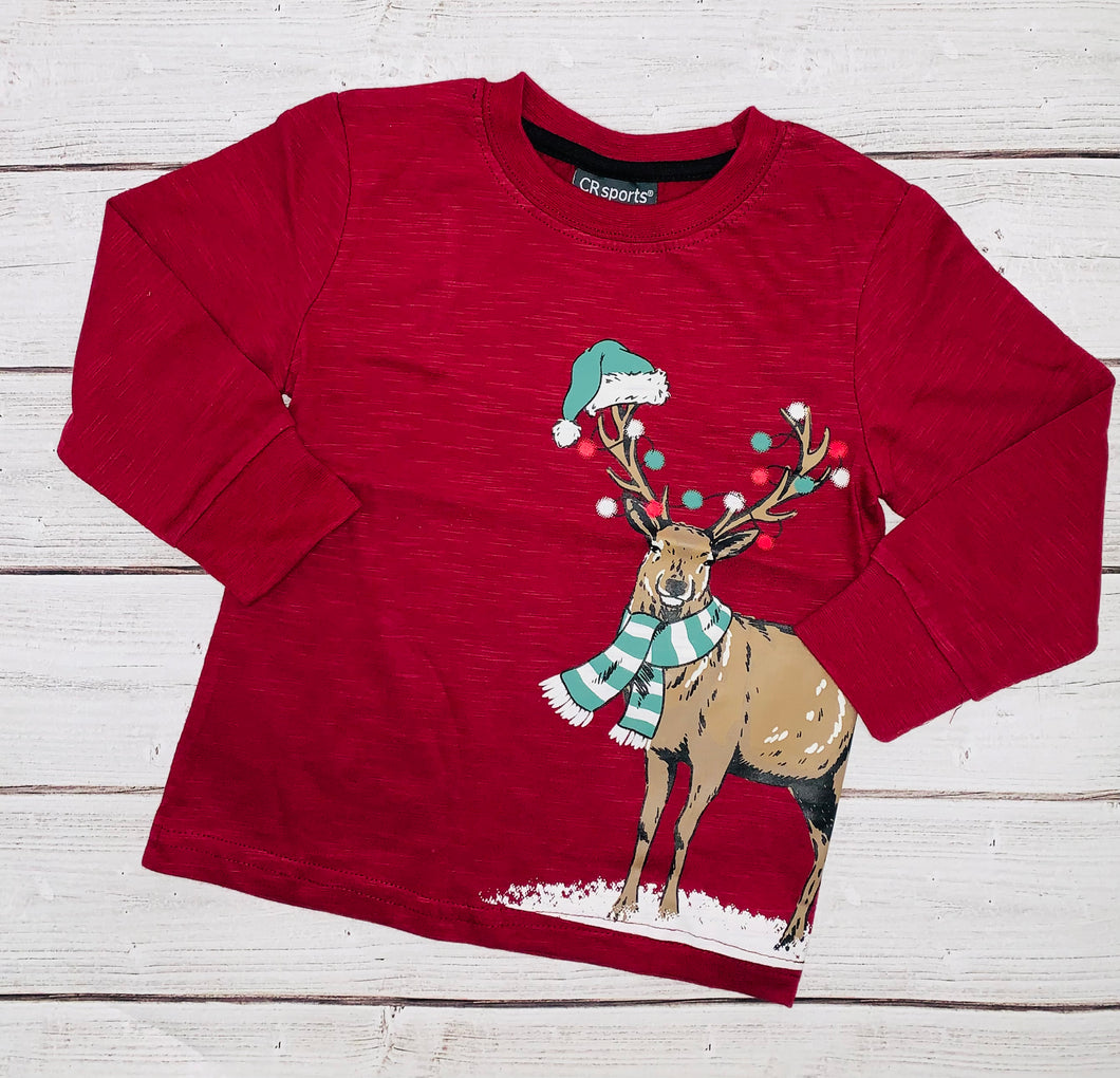 Deer With Santa Hat Shirt - Burgandy