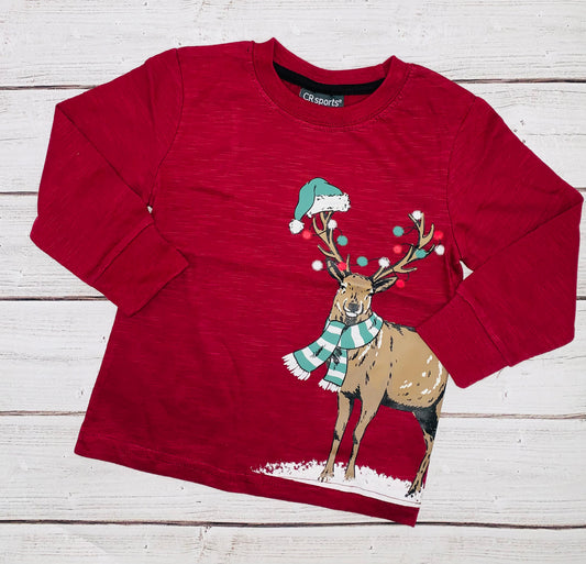 Deer With Santa Hat Shirt - Burgandy