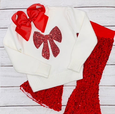 Red Bow Sequin Ivory Sweater