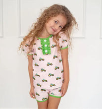 Load image into Gallery viewer, Pink Tractor Ruffle Short Sleeve PJ Set