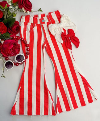 Red & White Striped Bell Bottom Jeans