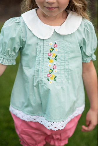 Teal & Pink Lace Collar Embroidered Bloomer Set