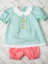 Load image into Gallery viewer, Teal &amp; Pink Lace Collar Embroidered Bloomer Set