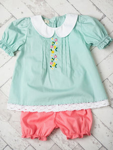 Teal & Pink Lace Collar Embroidered Bloomer Set