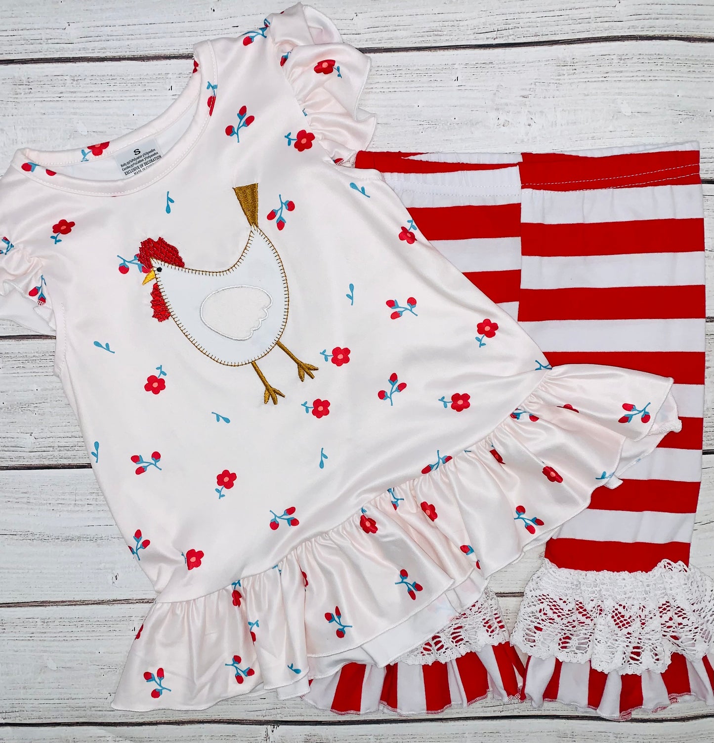 Rooster Tunic & Red Striped Bottoms