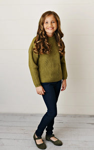 Girls Fall Olive Green Crew Neck Sweater