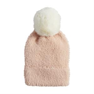 Fuzzy feather yarn hat with faux fur pom
