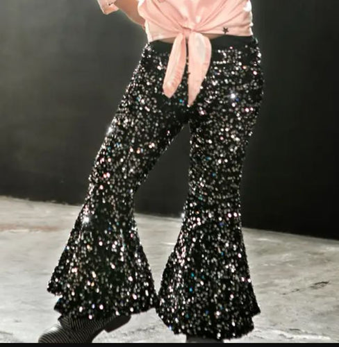 Silver Black Sequined Bell Bottom Pants